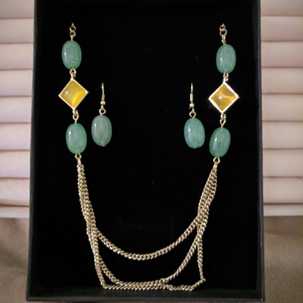 Burmese Green Jade & Lab-created Cats Eye Set